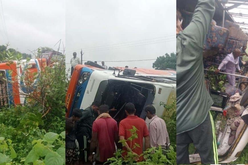 बिना फिटनेस-परमिट चल रही बस खंडवा में पलटी  