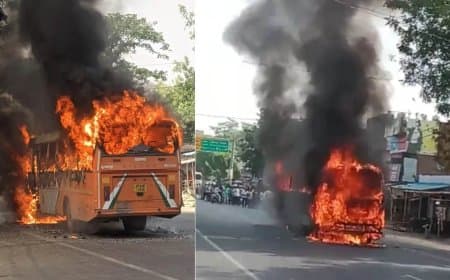 यूपी में हादसा: हाइवे पर चलती बस में लगी भीषण आग, बाल-बाल बची 42 यात्रियों की जान