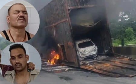 एमपी में एनएच-44 पर हादसा: चलते कंटेनर में आग से 7 नई सीएनजी कारें जलकर राख, जाम में पलटा पुलिस वाहन